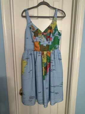 Map Print Strap Fit-and-Flare Dress in Sky Blue